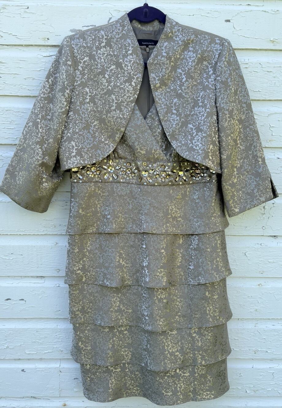 R&M Richards Dress 14 Tan Ruffled Embellished w/ Jacket Knee Length 2pc